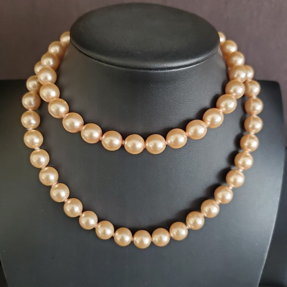 Vintage Signed Joan Rivers‎ Hand Knotted Rose-Peach Faux Pearl Necklace -  27"